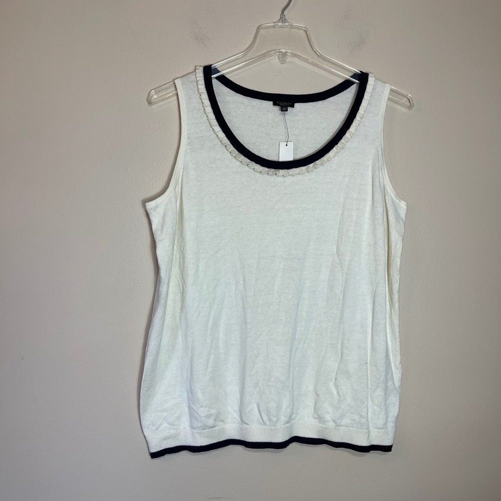 NEW Talbots Woman‎ Petites 2XP Ivory Navy Sleeveless Cotton Cashmere Sweater